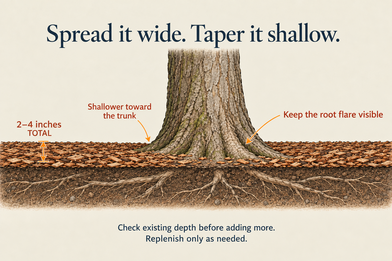 A shallow mulch layer tapers toward a visible root flare; check existing depth before replenishing