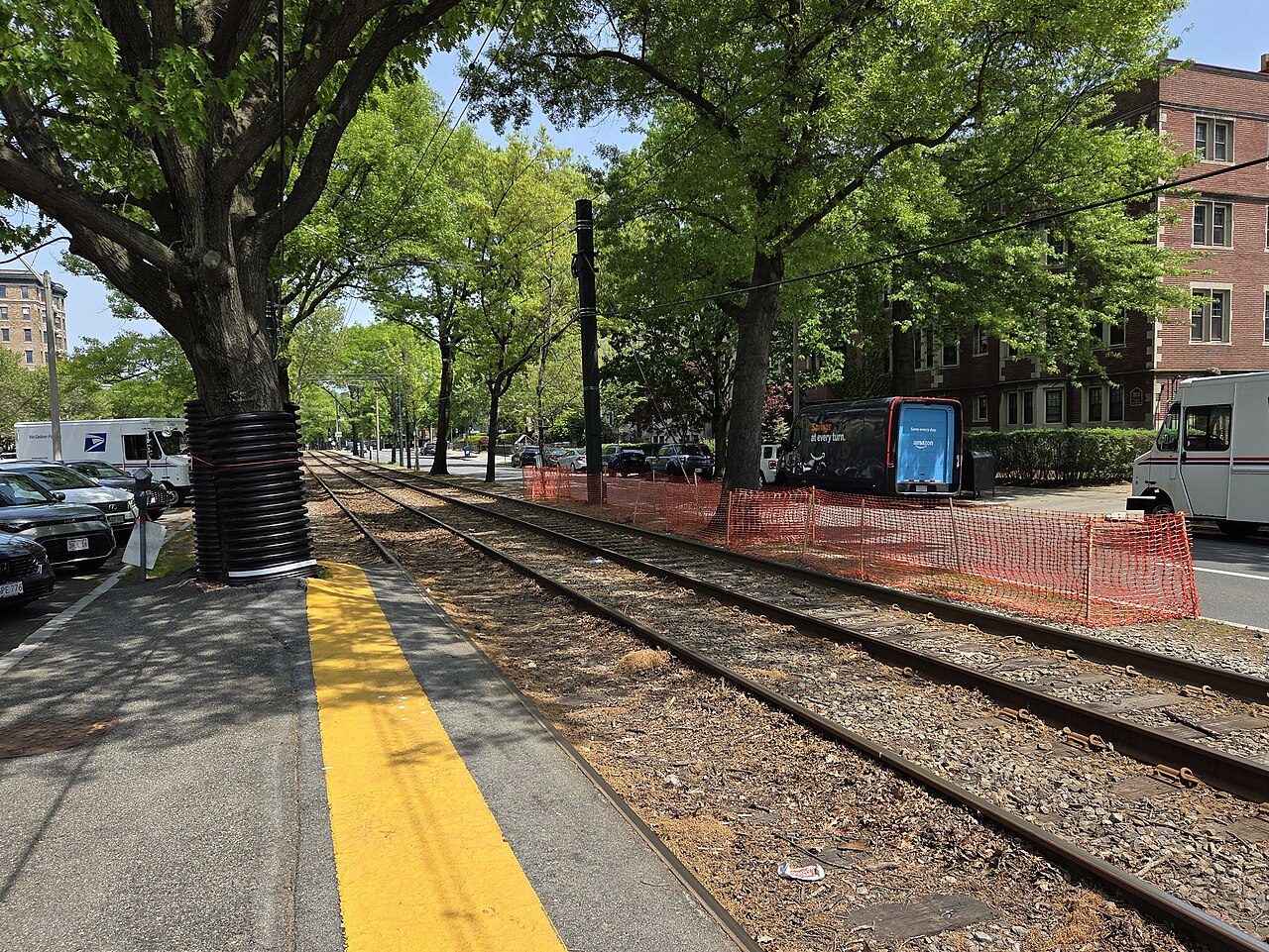 Trees with trunk protection beside construction fencing at Saint Paul Street station in Massachusetts
